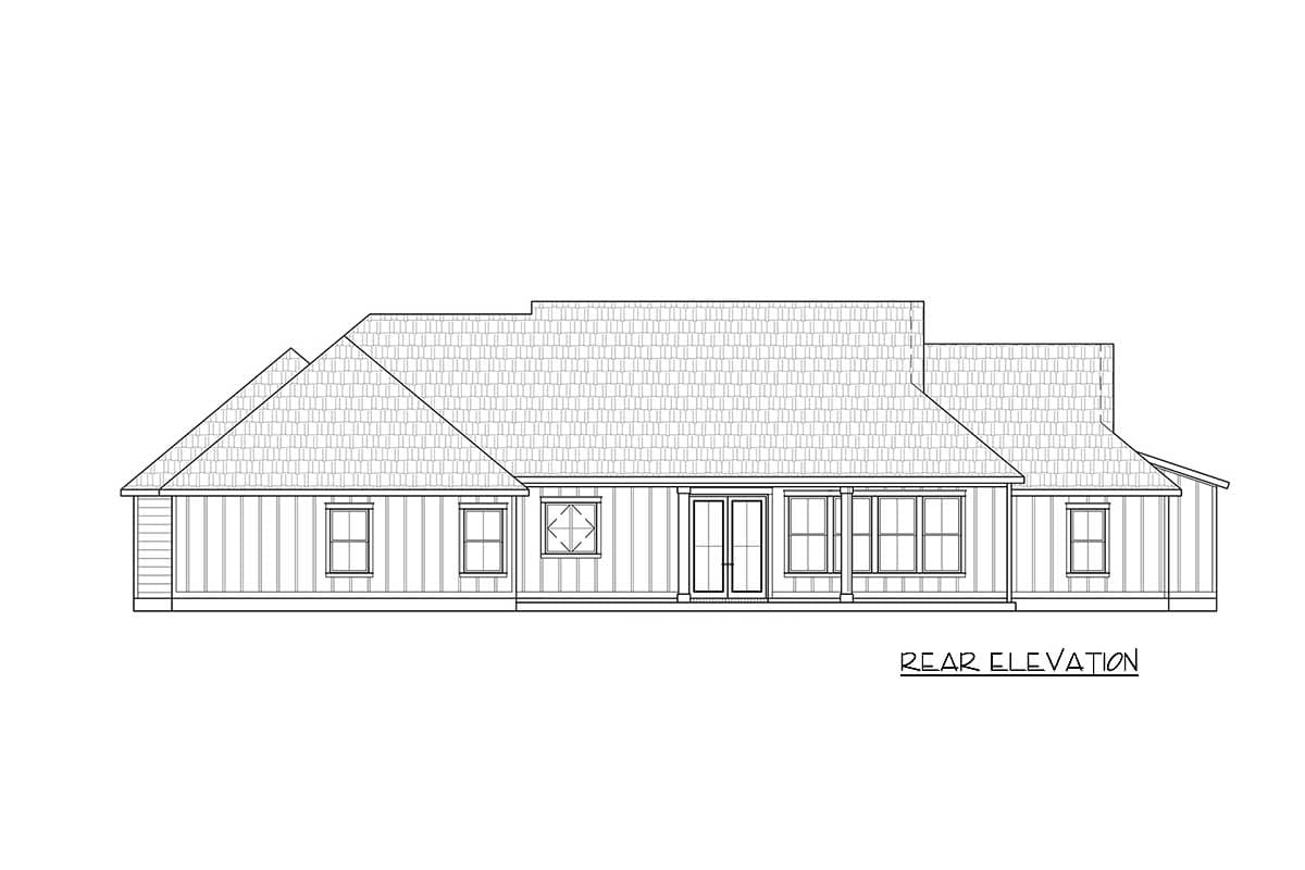 Line drawing of a house rear elevation. Features include a gabled roof, multiple windows, double doors, and a covered porch area.