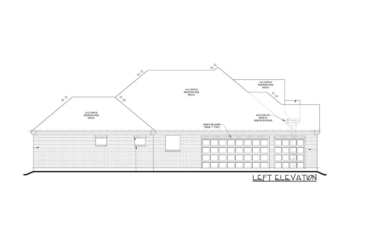 Left elevation house plan showing brick facade, multi-pane garage doors, and varied pitch rooflines with 10:12 pitch.
