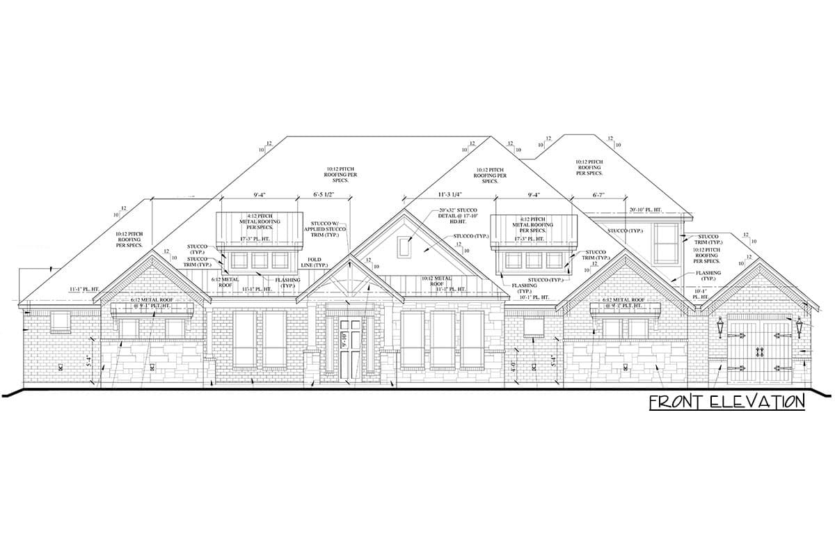 Front elevation house plan showing stone and brick facade, multiple gables, dormers, and a three-car garage.