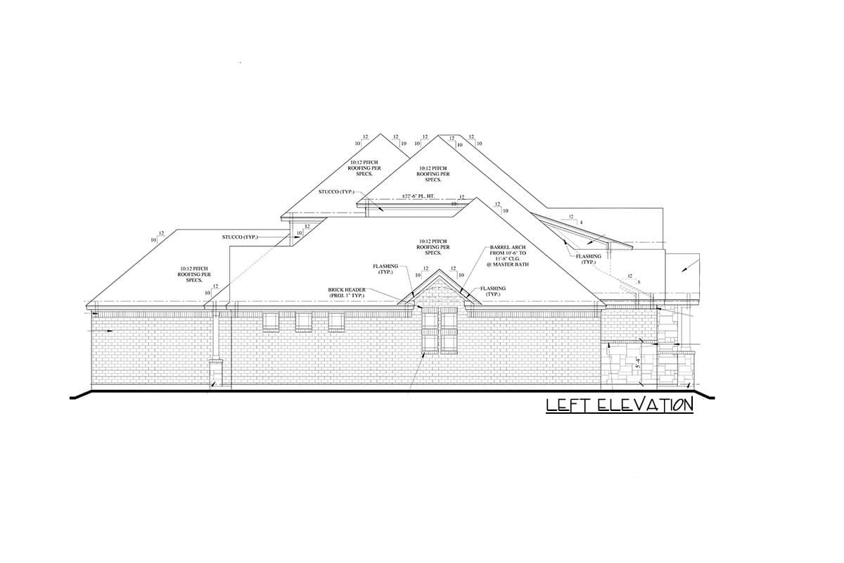 Left elevation house plan shows brick base, stucco upper levels, and varied 10:12 pitch rooflines with barrel arch.