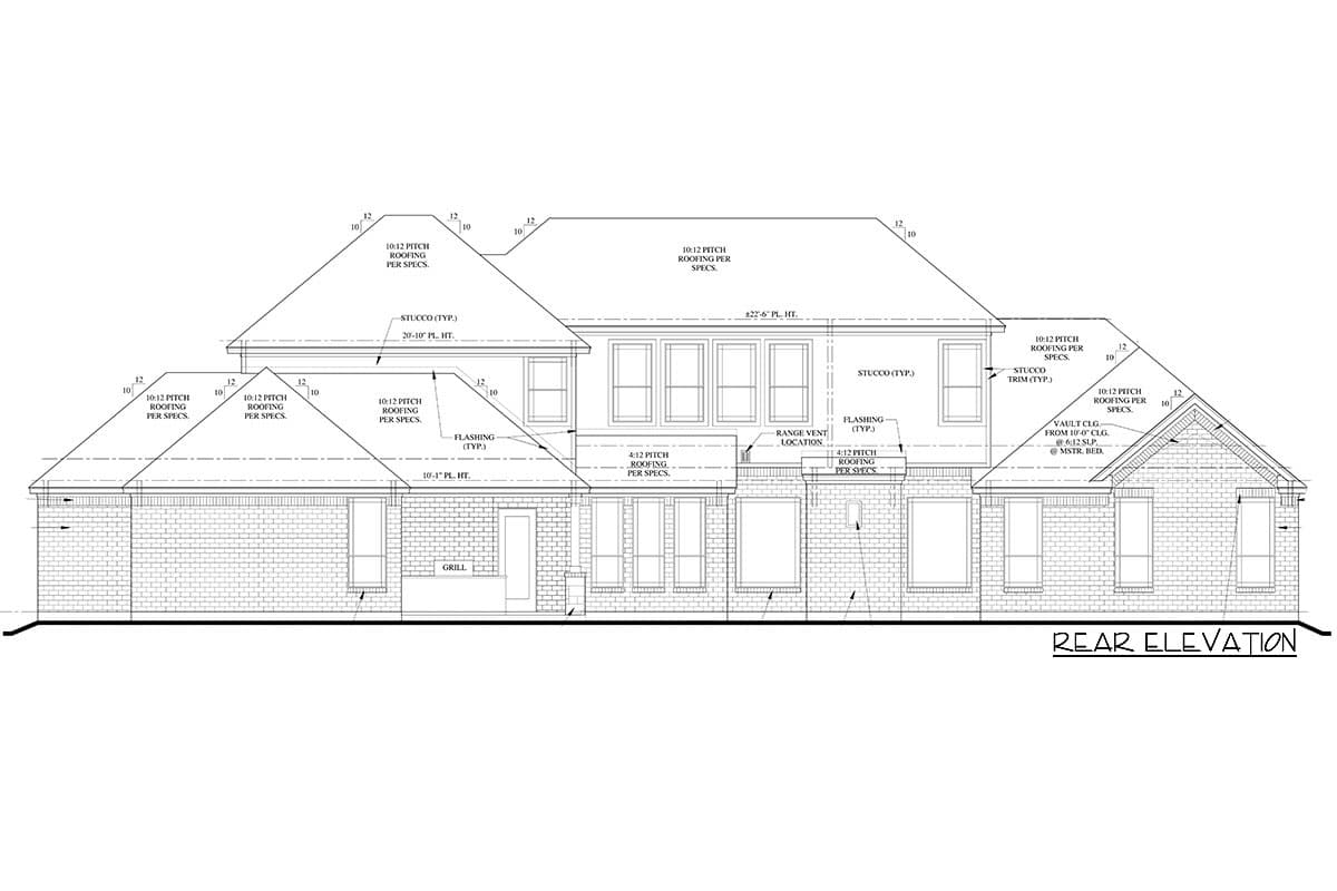 Rear elevation house plan showing brick and stucco facade, multiple rooflines with 10:12 pitch, and various window configurations.
