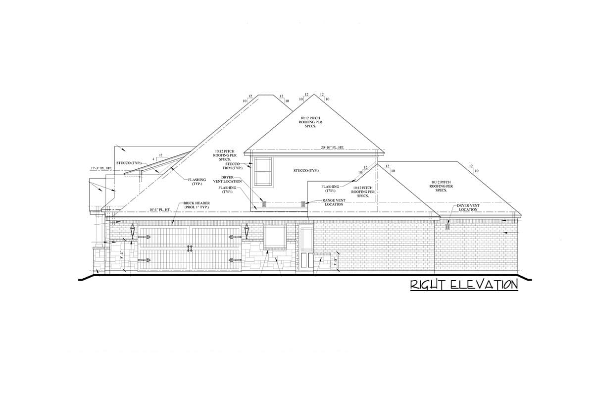Architectural house plan right elevation drawing showing stucco exterior, brick base, and roof pitch details.
