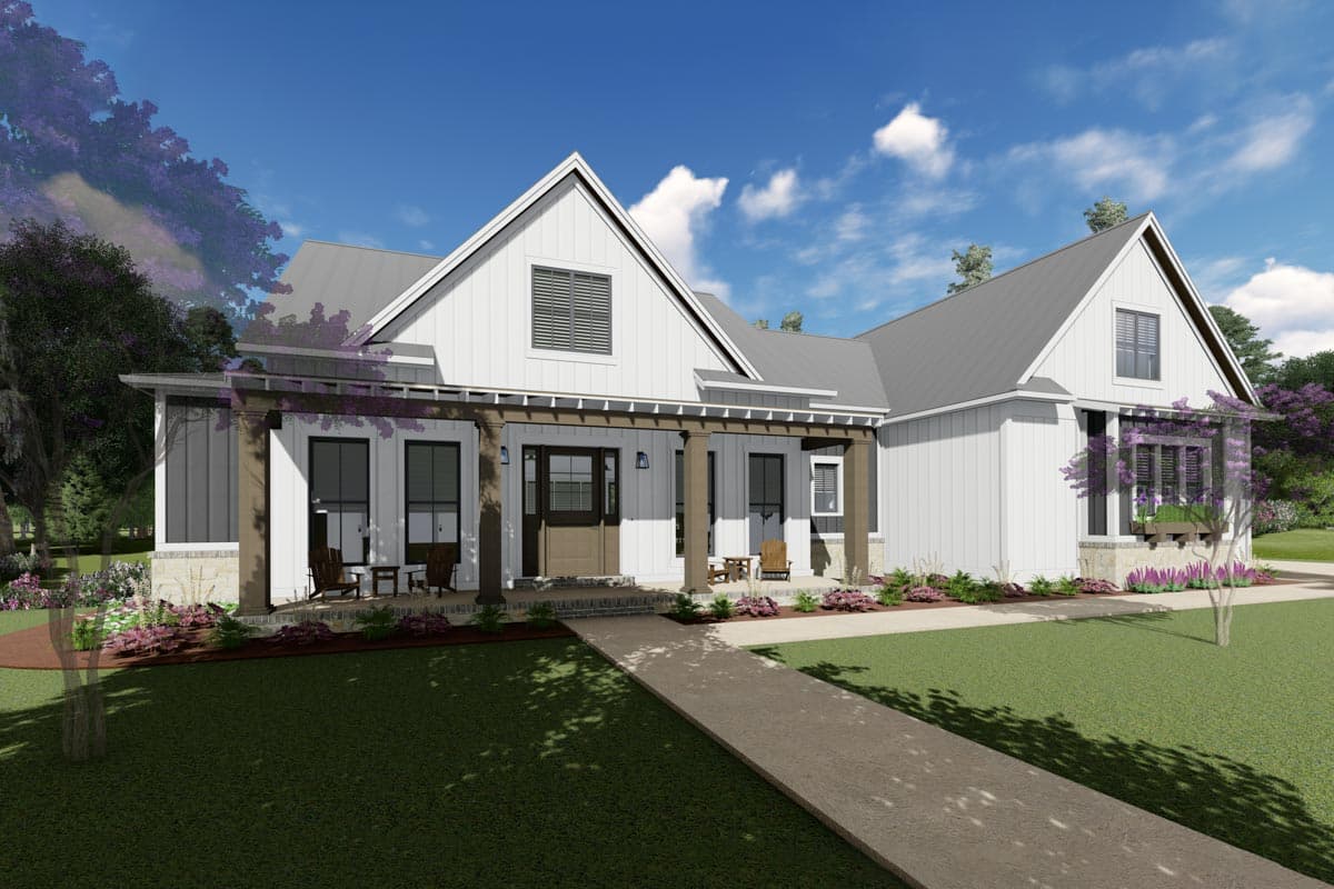 Modern Farmhouse house plan exterior with a covered porch, gables, and vertical siding. One and a half stories.