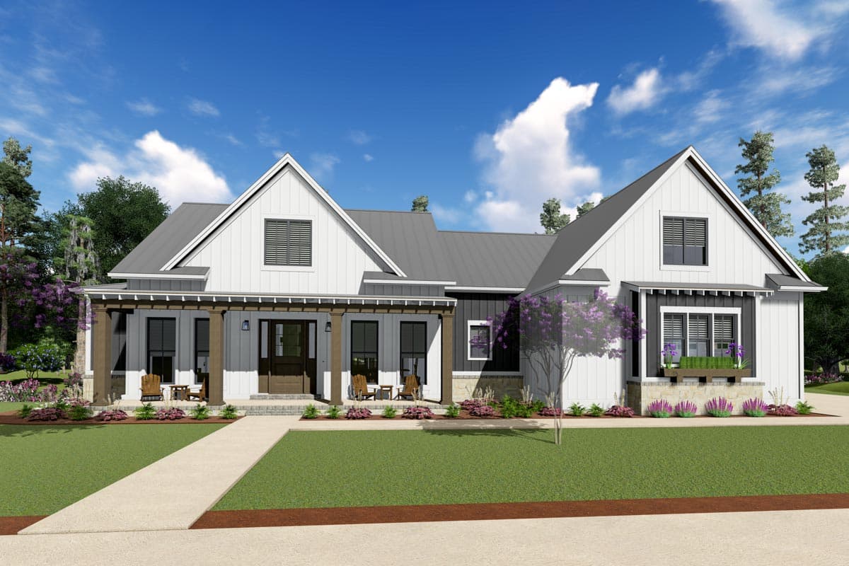 Modern Farmhouse house plan exterior with a covered porch, gables, dormers, and a metal roof.