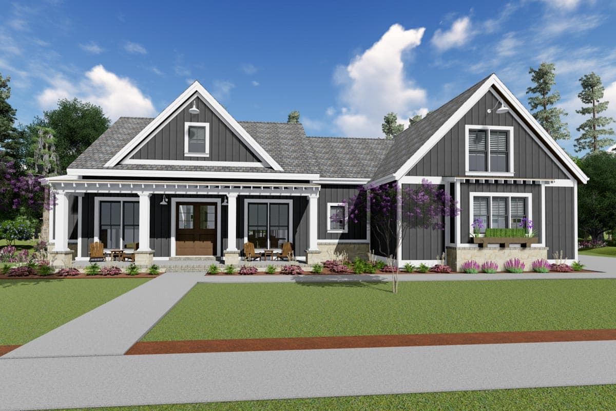 House plan exterior: Modern Farmhouse style, one story, with a covered front porch, prominent gables, and board-and-batten siding.