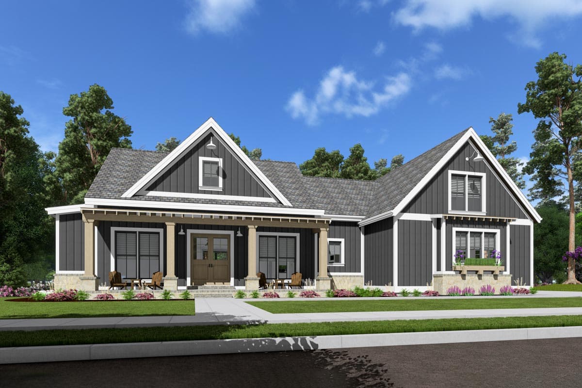 House plan exterior featuring a Modern Farmhouse style with two stories, a covered porch with columns, gables, and dormers.