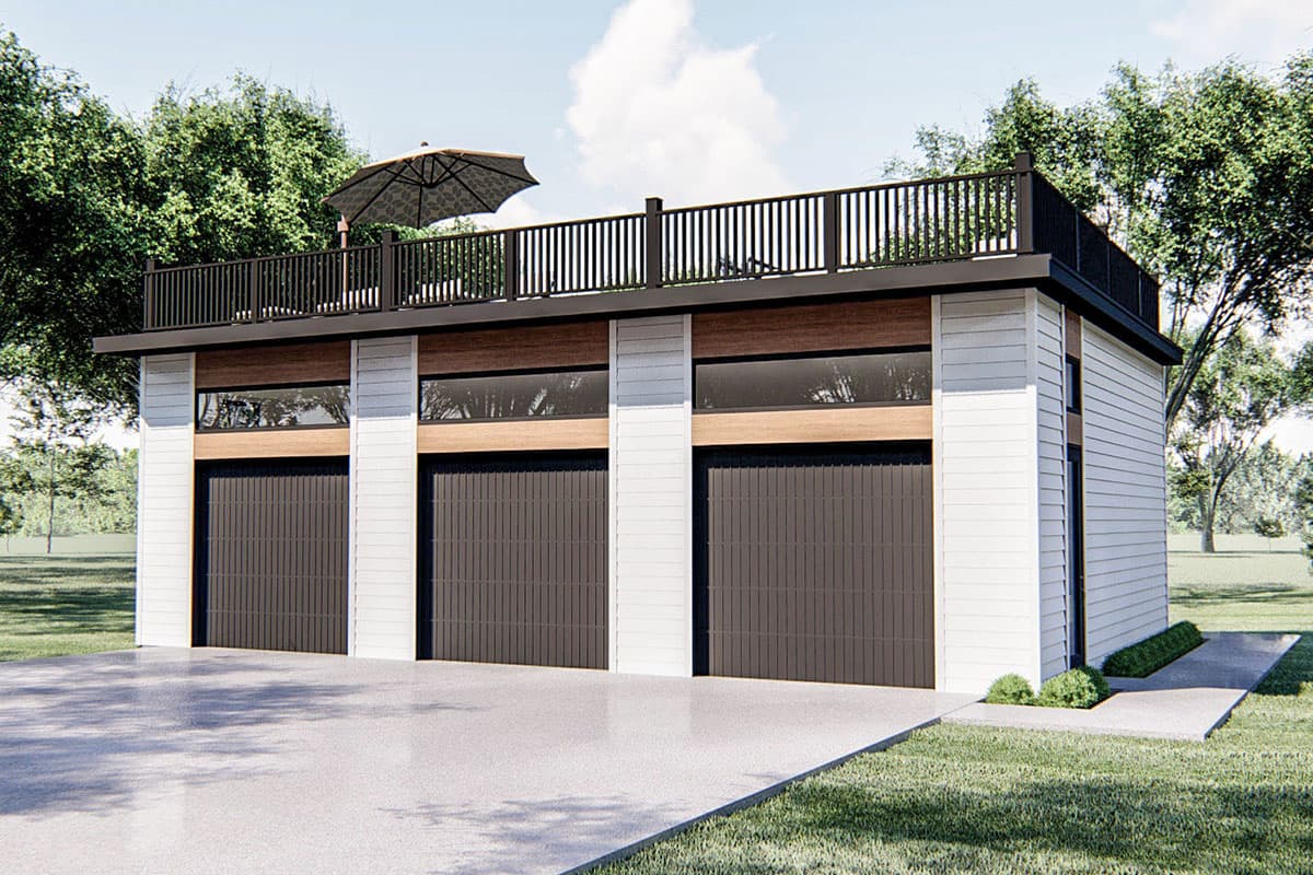 House plan exterior. Modern style, single story. Features include a flat roof with a rooftop deck, three garage doors, and a wood accent. 