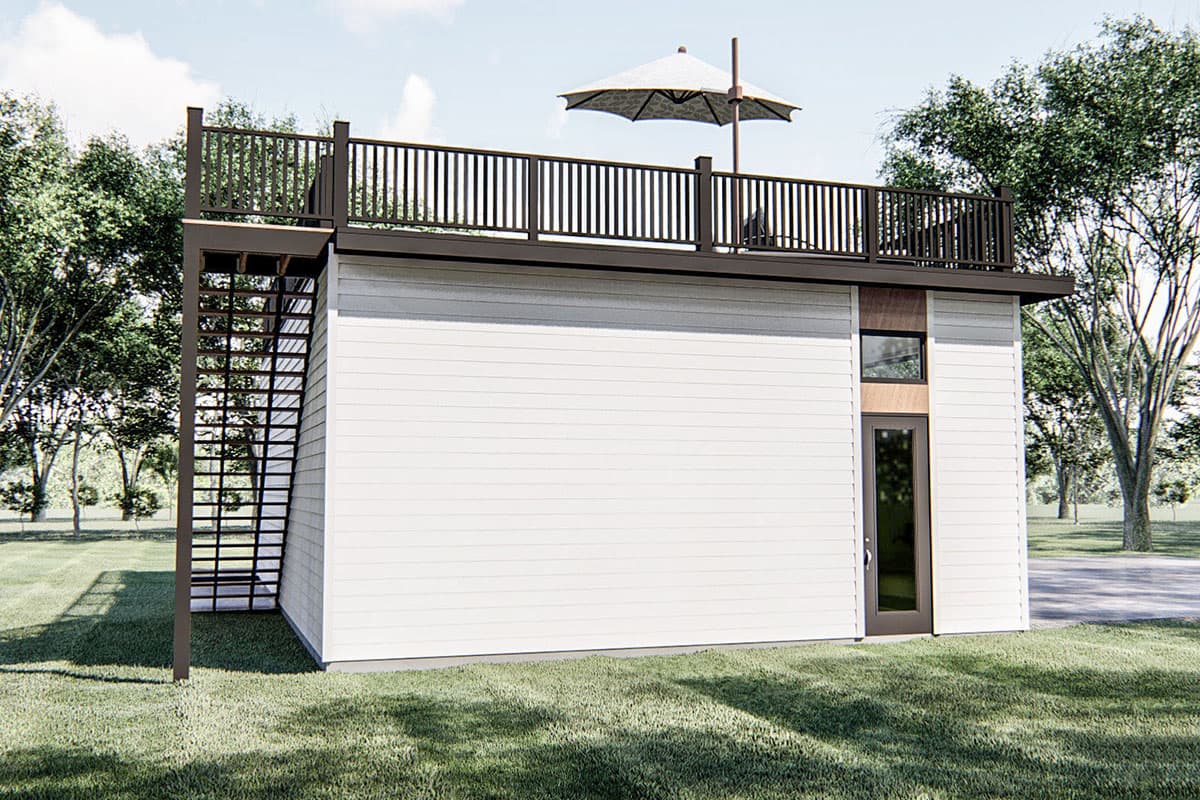 House plan exterior showing a modern one-story structure with a rooftop deck accessed by an external metal staircase. Features horizontal siding.