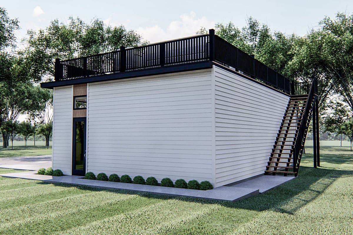 Modern house plan exterior with horizontal siding, a flat roof, rooftop deck with railing, and external stairs.
