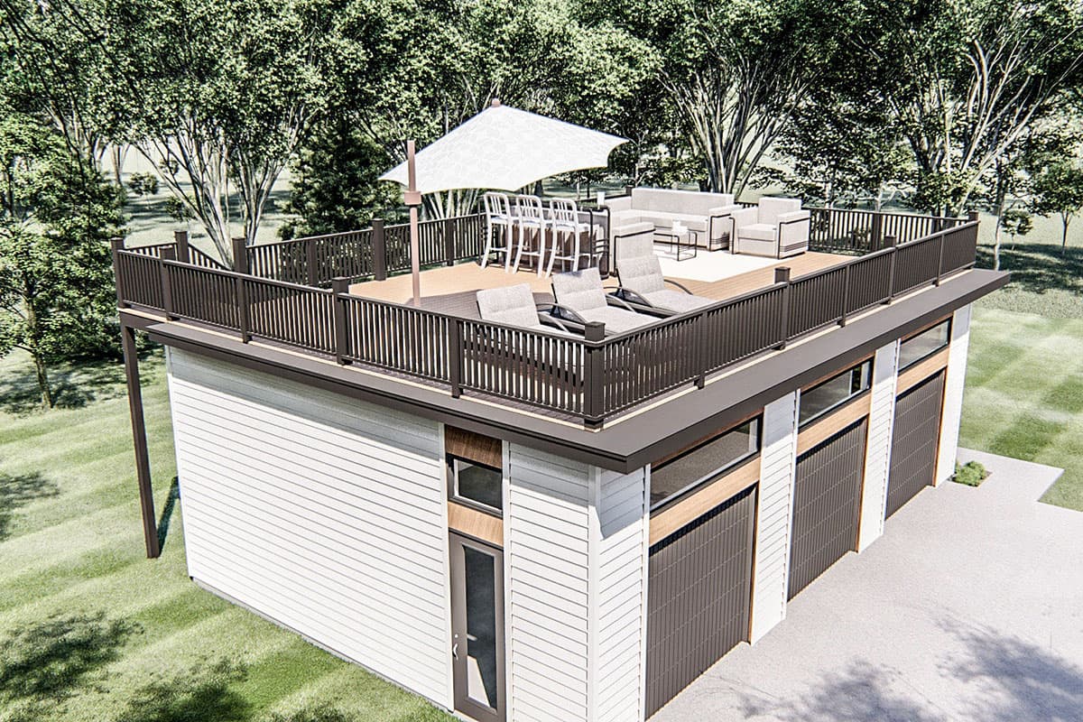 House plan exterior with a flat roof, modern siding, and a large rooftop deck with outdoor furniture.