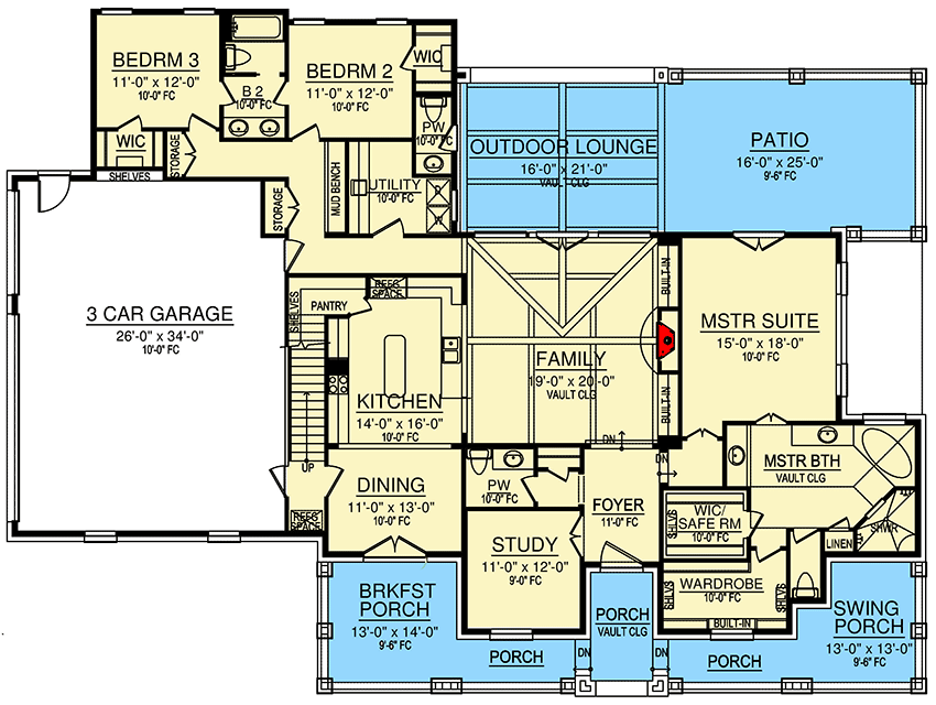 Plan 36594TX: 5-Bed Two-Story House Plan with Ample Outdoor Living Space - Floor Plan - Main Level - Country, Hill Country