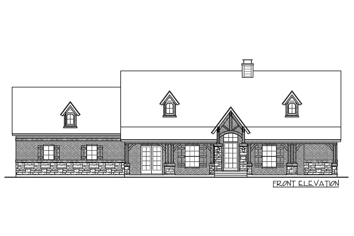 Front elevation house plan with stone and brick facade, covered porch, dormers, and gabled entry.