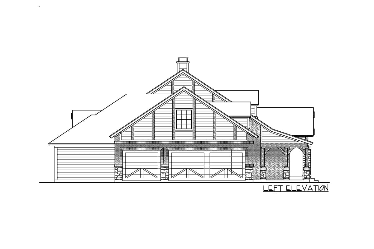 Left elevation drawing of house plan featuring three garage bays, gables, dormers, and covered porch.