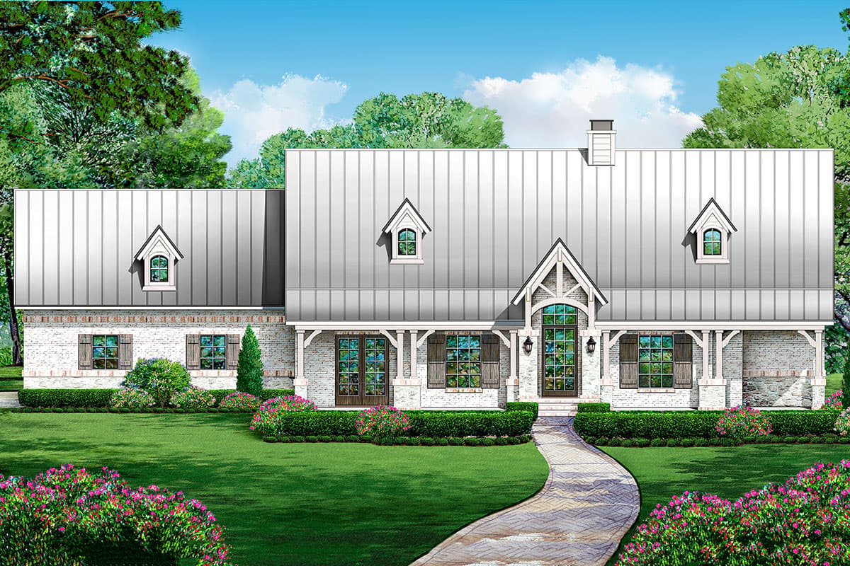 House plan exterior. Two-story Modern Farmhouse with a metal roof, dormers, a front porch, and brick facade. Features symmetrical gables.