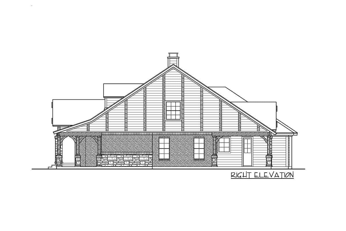 House plan right elevation with a large gabled section, wood siding, stone base, and covered entry.
