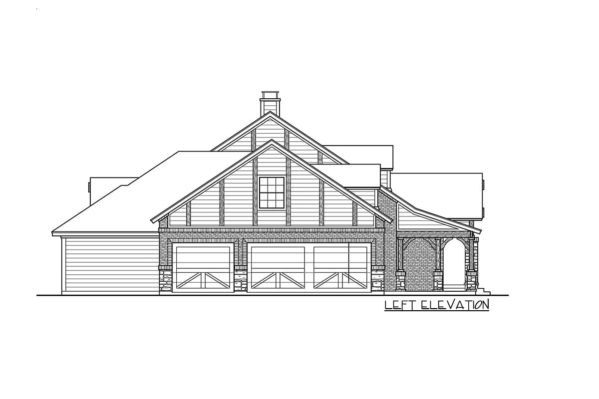 Left elevation of a house plan showing a two-car garage, gabled roof, and covered entryway with stone pillars.