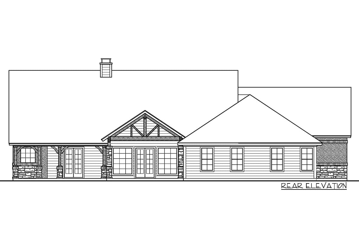 Rear elevation house plan showing a covered porch with stone supports, double doors, gabled dormer, and multiple windows.