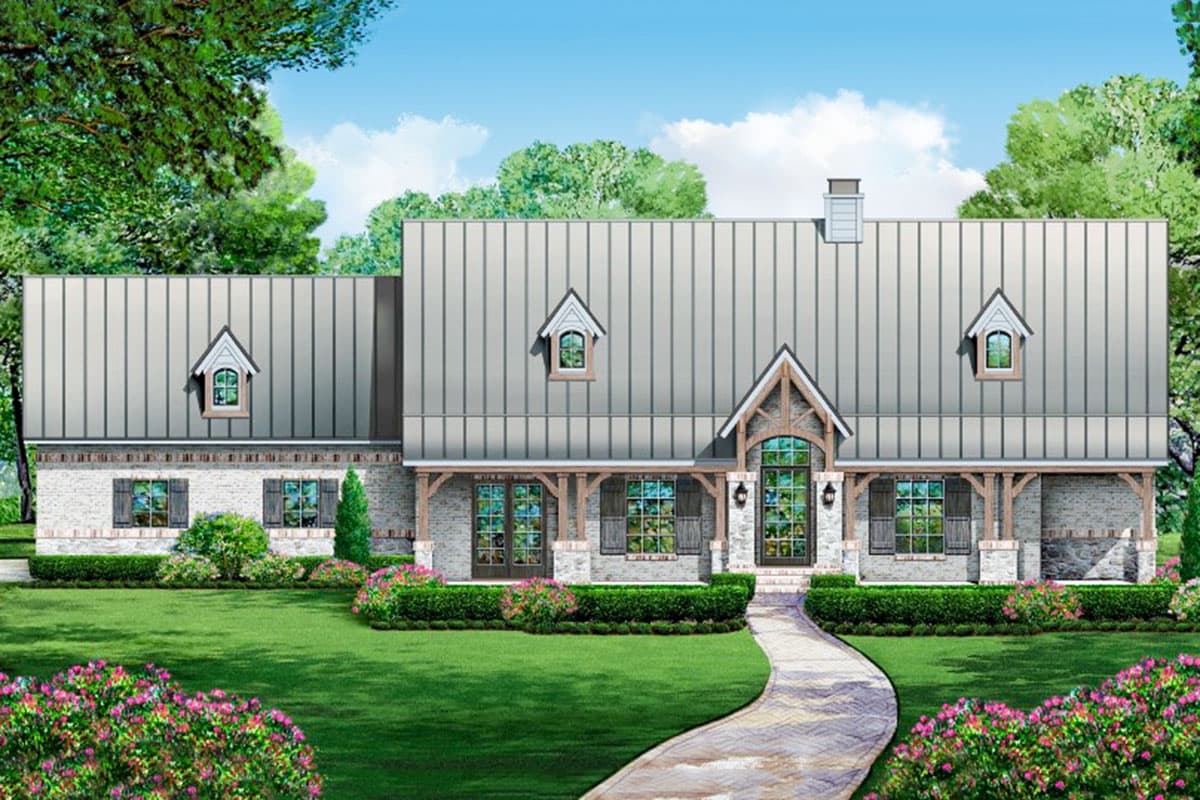 House plan exterior featuring a farmhouse style with metal roofing, dormers, and a covered porch with timber supports.