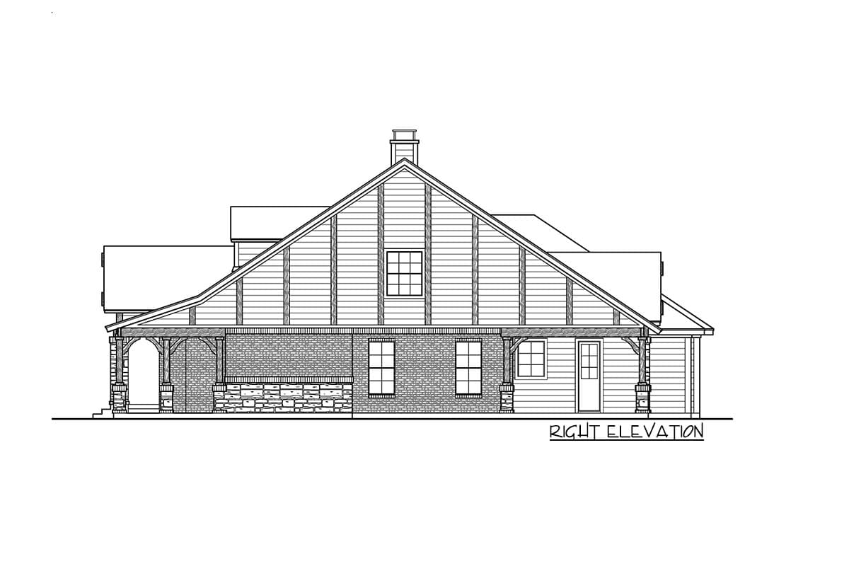 Right elevation drawing of a house plan with a large gable, stone and shingle base, covered porch, and multiple windows.