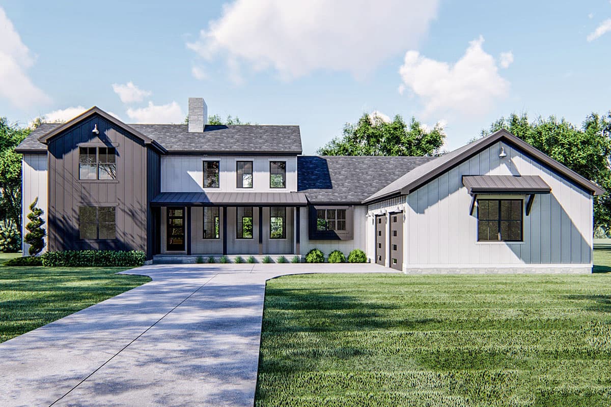 House plan exterior. Modern Farmhouse style, two-story home with covered porch, gabled roof, and attached garage. Vertical siding is a key feature.