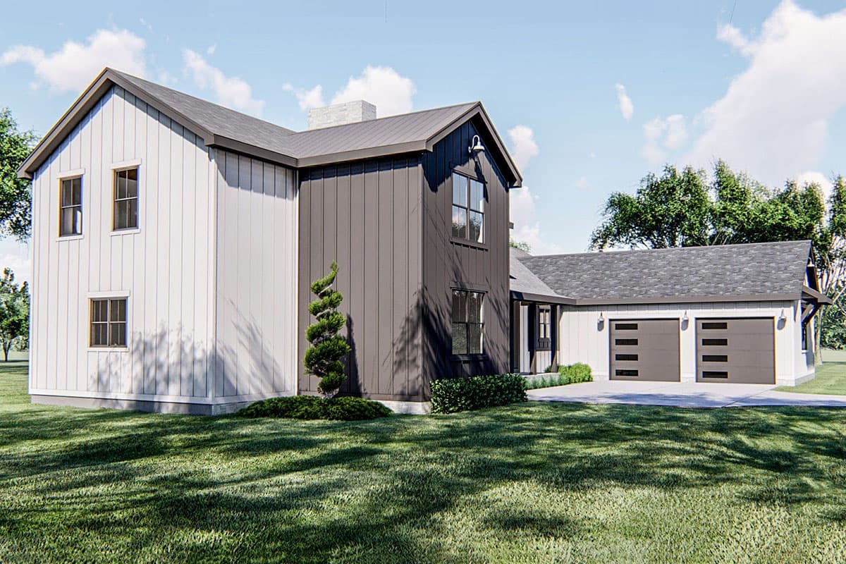 Modern Farmhouse house plan exterior with contrasting vertical siding, gabled rooflines, and a three-car garage.