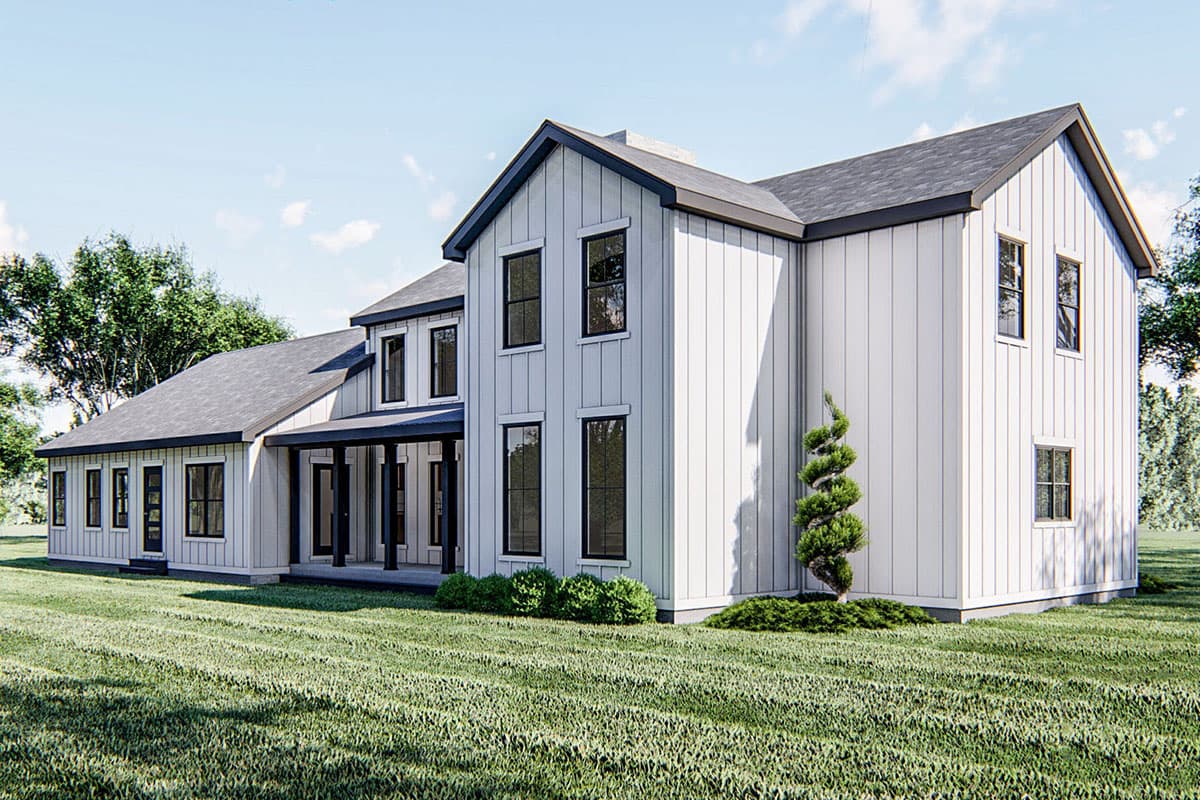 Modern Farmhouse house plan exterior with vertical siding, a covered porch, and gabled rooflines.