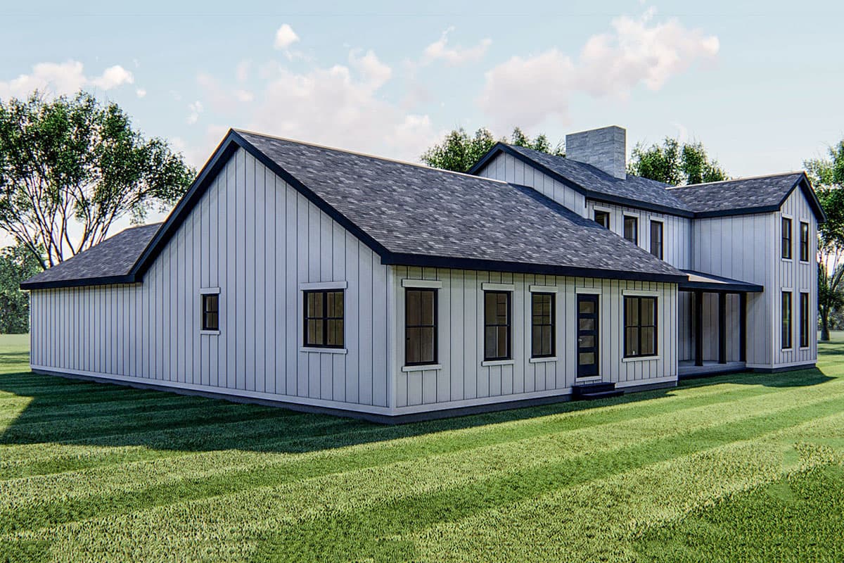 House plan exterior: Modern Farmhouse style, 2 stories, vertical siding, gabled rooflines, large chimney, and covered porch.