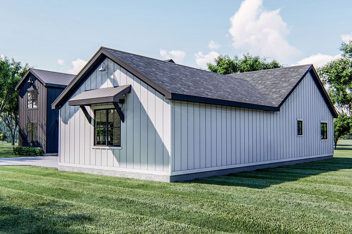 Modern Farmhouse house plan exterior: one story, vertical siding, gabled roof, and prominent dormer.