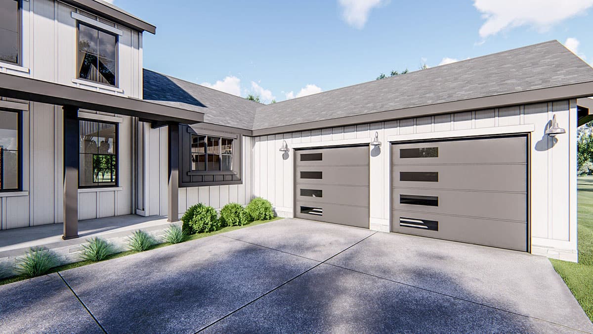 House plan exterior: Modern farmhouse style, two stories, covered porch, board-and-batten siding, and a three-car garage with glass-panel doors.