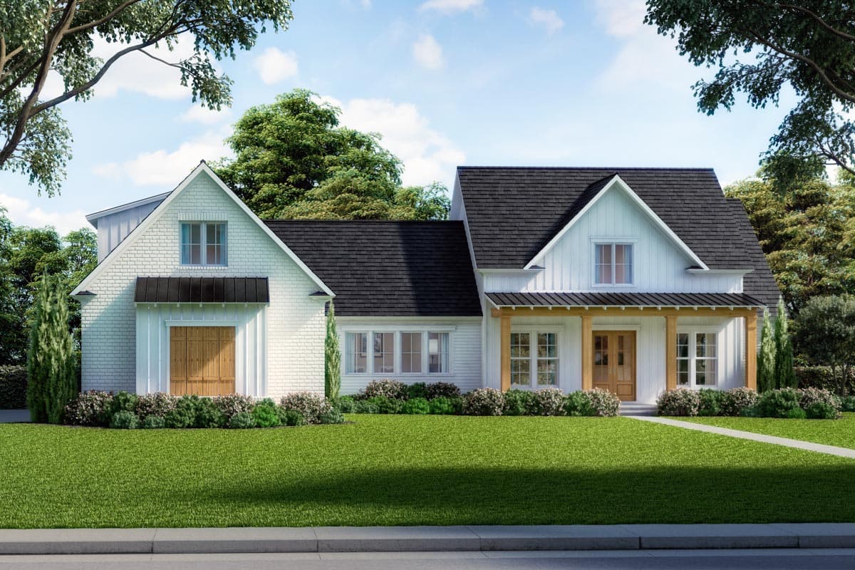House plan exterior. Two-story Modern Farmhouse with gabled rooflines, covered porch with wood columns, and attached garage with a shed roof.