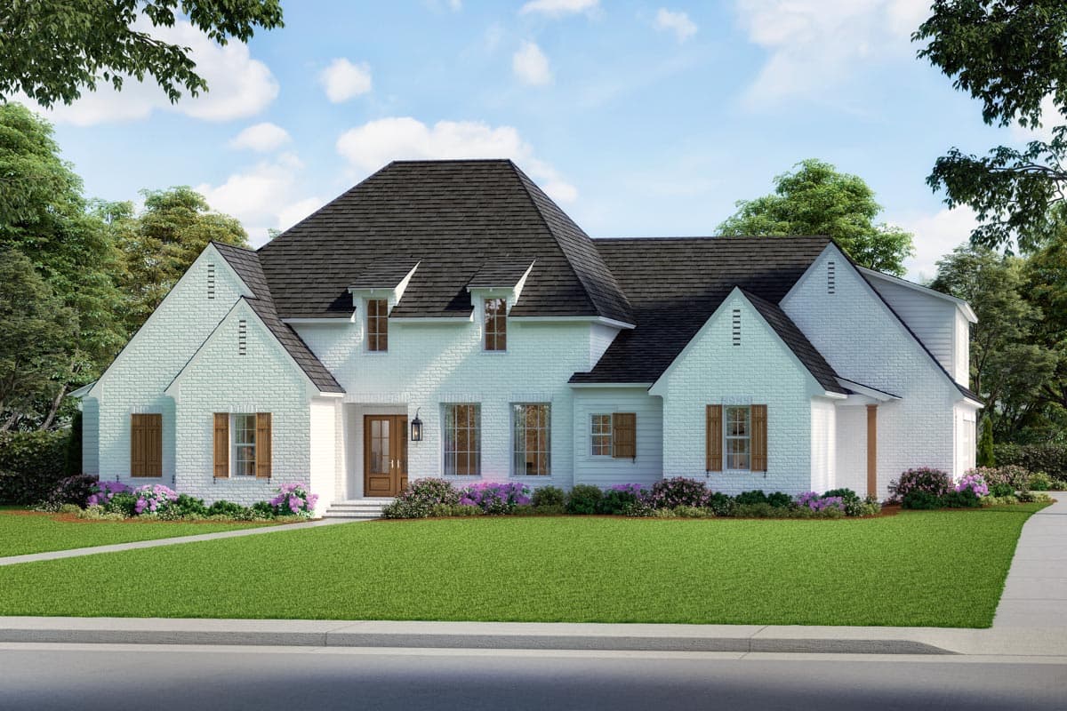 House plan exterior with white brick facade, dark roof, multiple gables, and wooden shutters. Two-story with a covered entry.