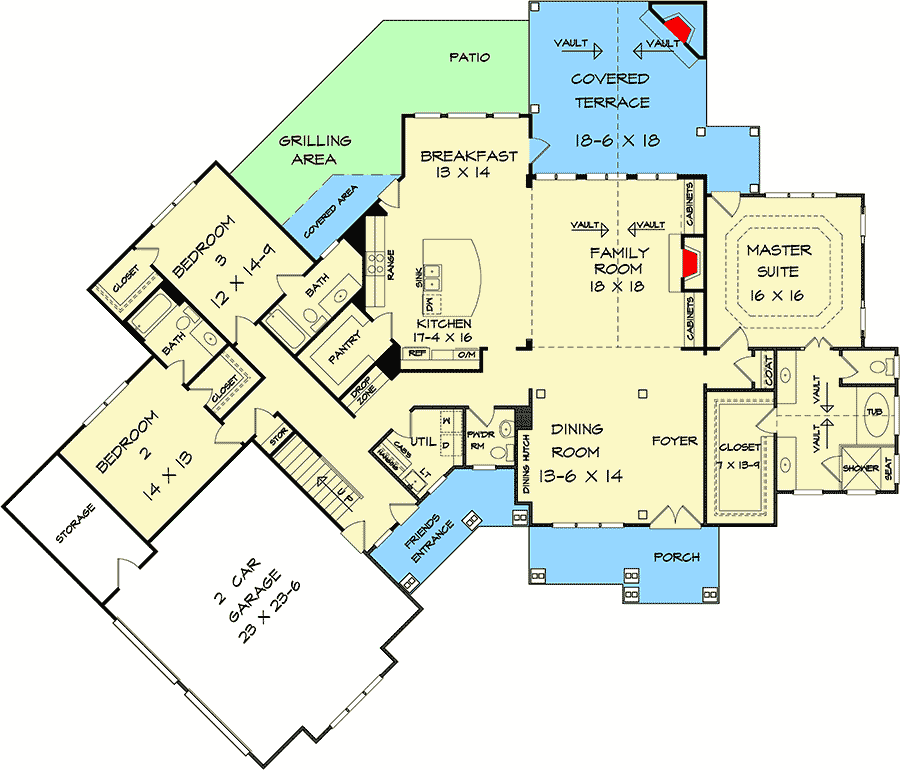 Plan 360064DK: New American House Plan with Angled Garage and Bonus Upstairs Expansion - 2702 Sq Ft - Floor Plan - Main Level - Craftsman, Mountain, New American