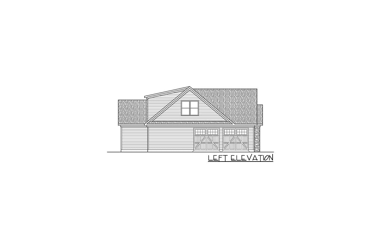Left elevation drawing of house plan featuring a gable roof, three garage doors, and horizontal siding.