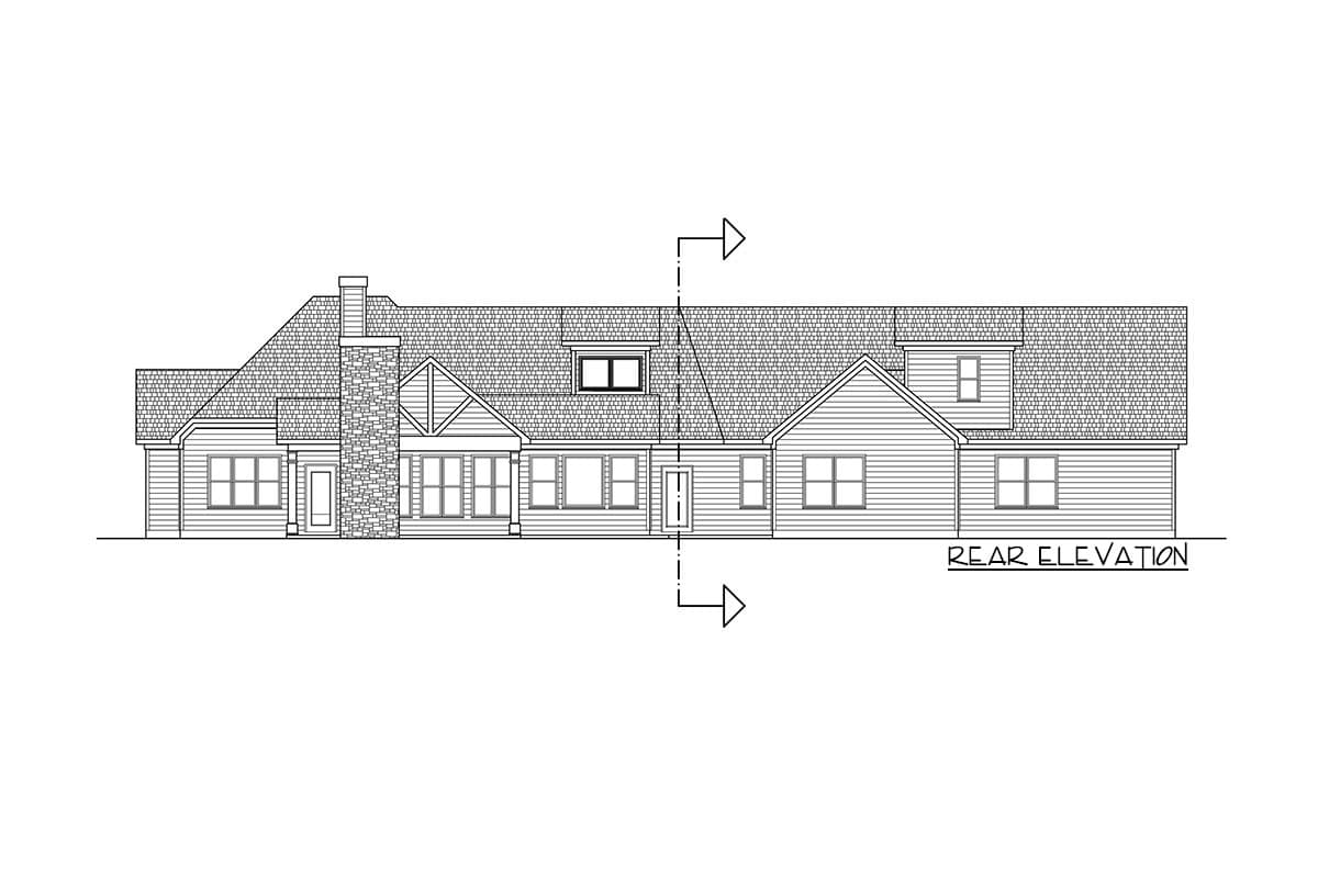 Rear elevation drawing of a house plan featuring a stone chimney, multiple gables, dormers, and horizontal siding.