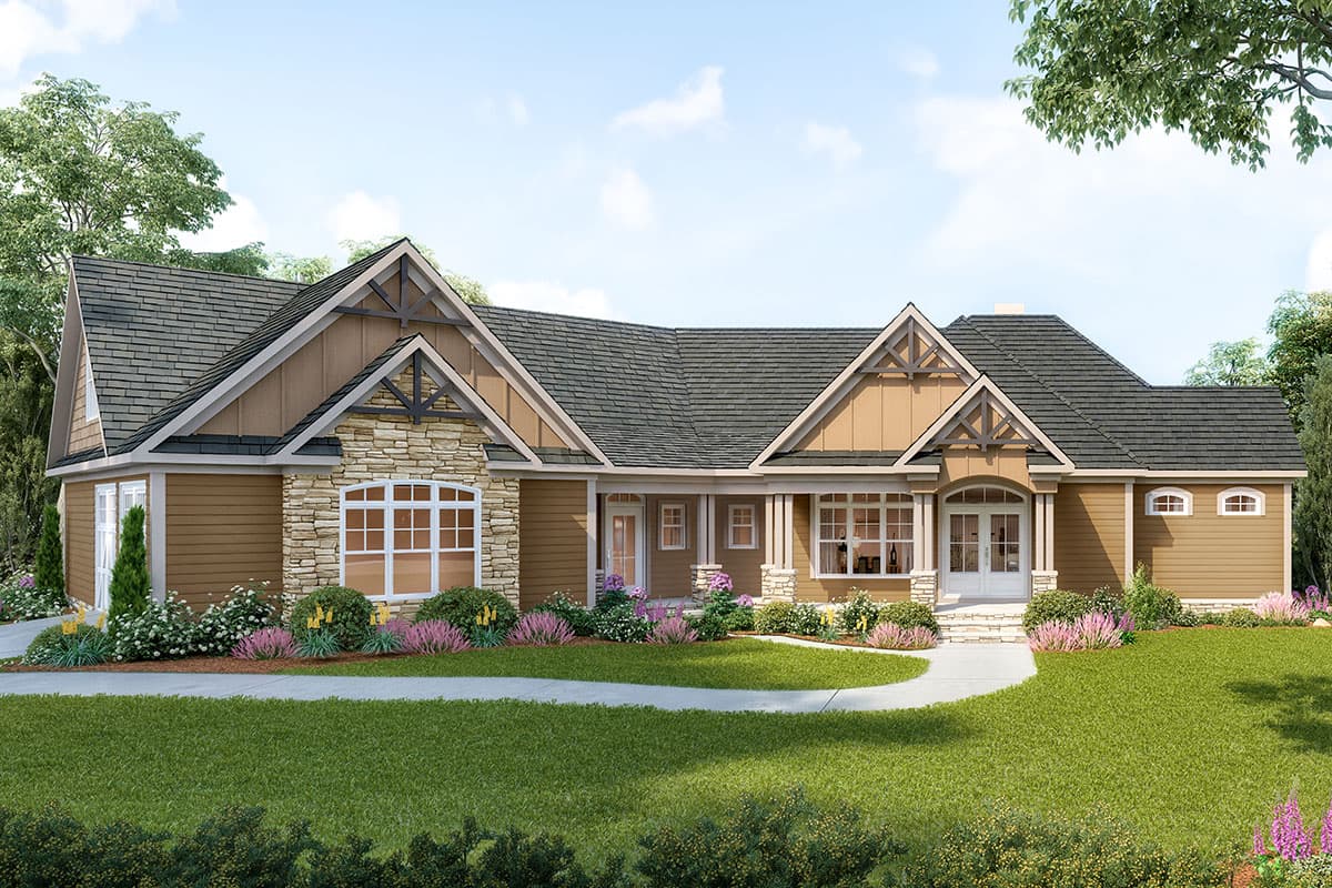 House plan exterior. Craftsman style, single story. Features include stone accents, multiple gables, and a front porch with columns.
