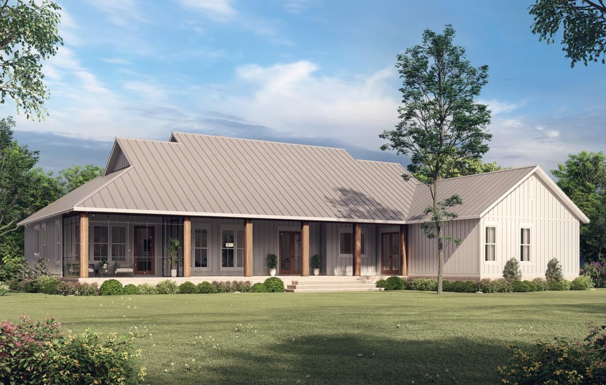 House plan exterior with a metal roof, prominent gables, a wraparound porch with wooden columns, and vertical siding.