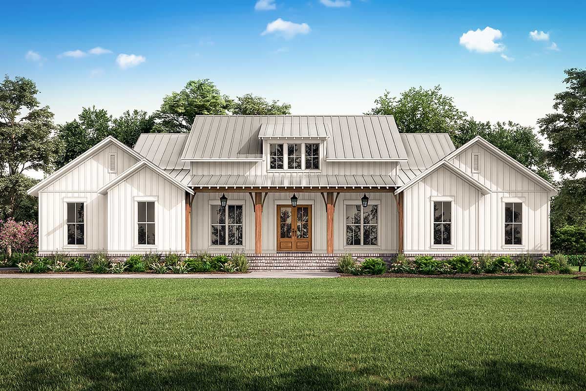 Modern Farmhouse house plan exterior with metal roof, wide porch, double entry doors, and gabled dormers.