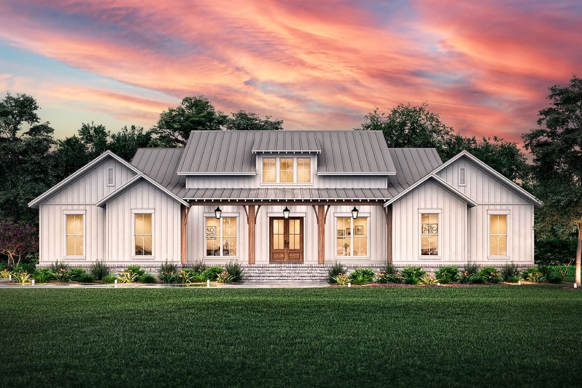 House plan exterior. Modern farmhouse style with gabled roof, front porch with exposed beams, and multiple dormers. Two-story with metal roof.