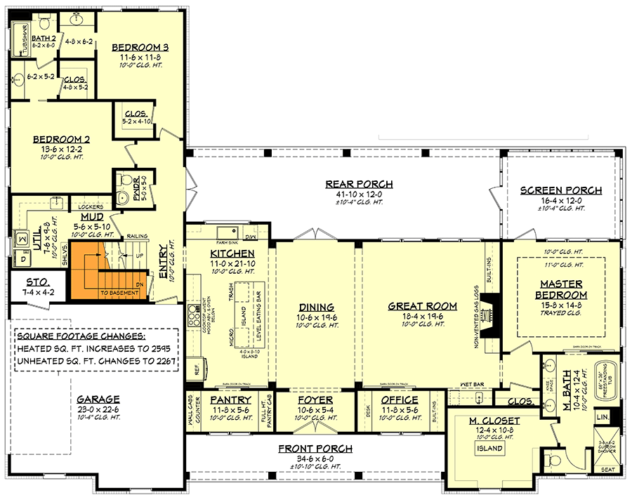 Plan 51832HZ: Three Bed Modern Farmhouse with Master Bedroom Screened Porch - 2589 Sq Ft - Floor Plan - Basement Stairs Location - Country, Farmhouse, Modern Farmhouse, New American, Southern