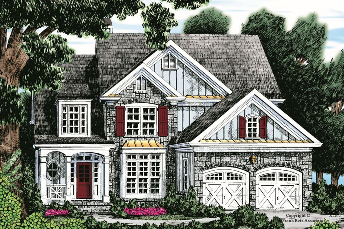 House plan exterior with stone facade, prominent gables, dormers, and a two-car garage.