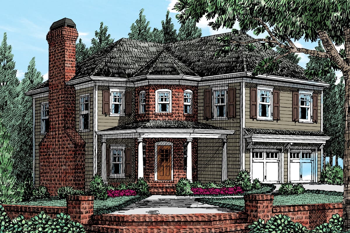 Two-story house plan exterior featuring a prominent brick chimney, covered porch with columns, and a multi-gabled roofline. Attached garage.