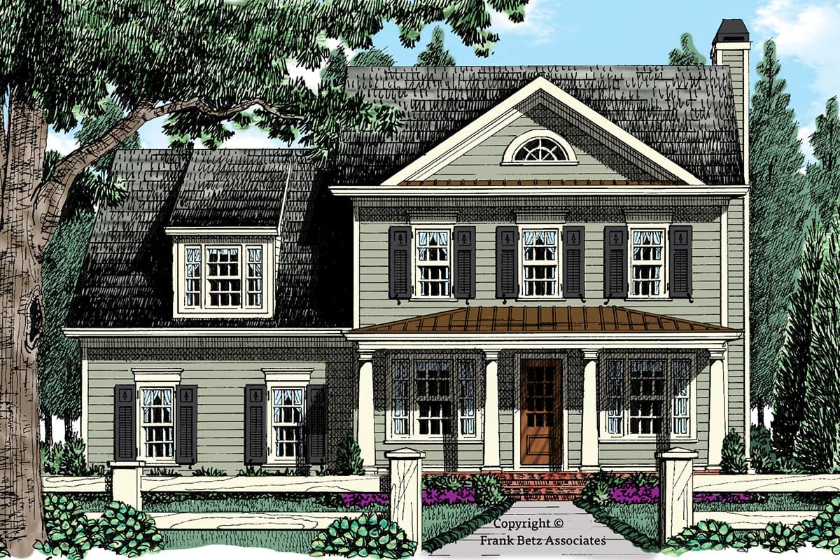 House plan exterior in a Colonial style, two stories, with a front porch, dormers, and gabled rooflines.