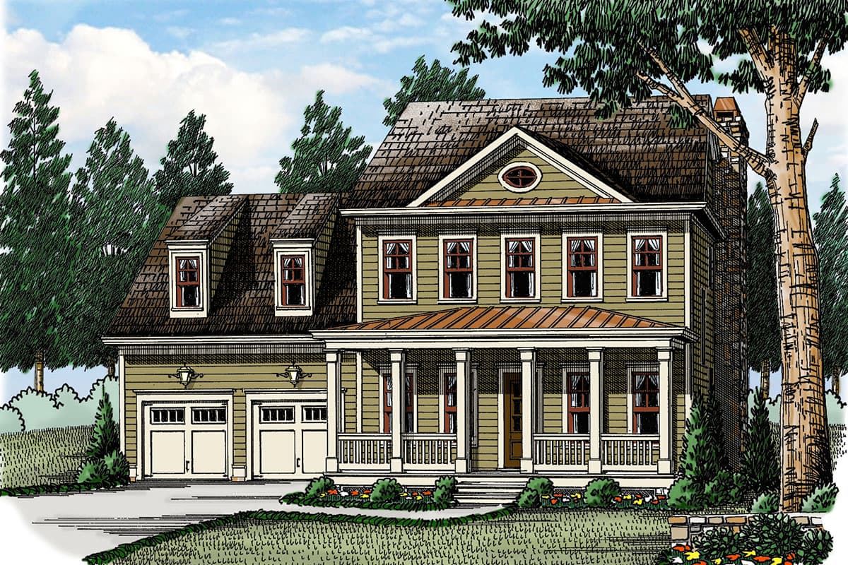 House plan exterior. Two-story Colonial-style home with a front porch, gables, dormers, and an attached two-car garage.