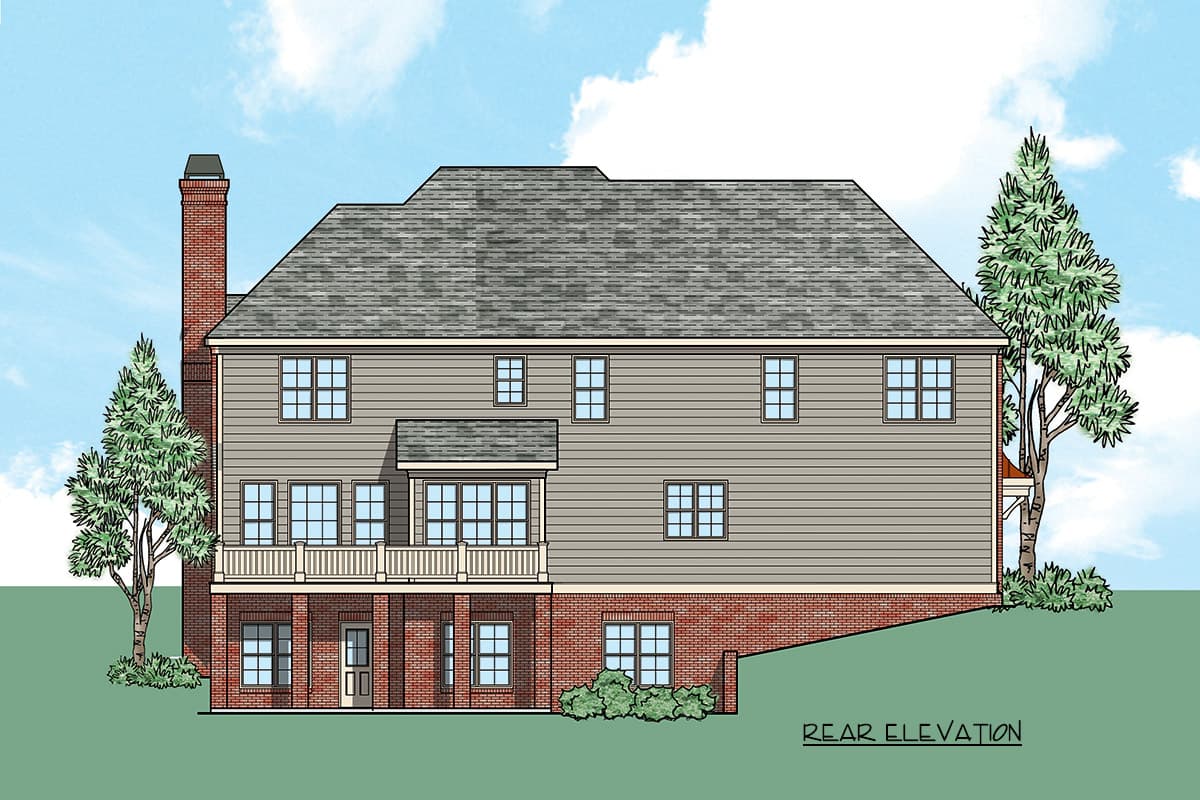 Rear elevation of a two-story house plan with a brick foundation, siding, a deck, and a prominent chimney.