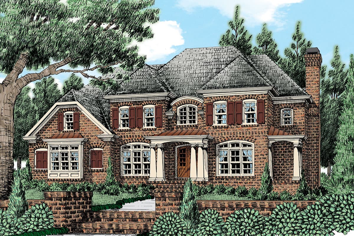 House plan exterior. Two-story brick home with gabled roof, dormers, and front porch with columns. Features include decorative shutters.