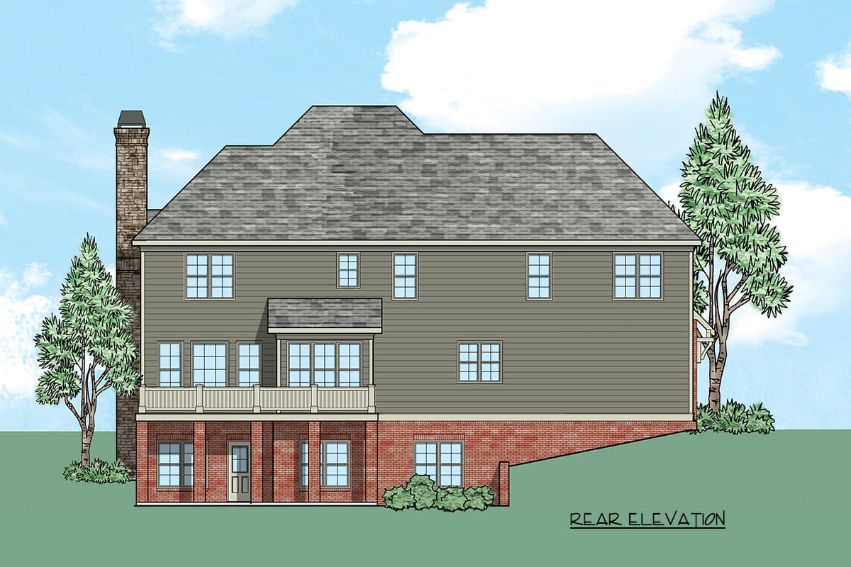 Rear elevation drawing of a two-story house with a hip roof, brick foundation, and deck.