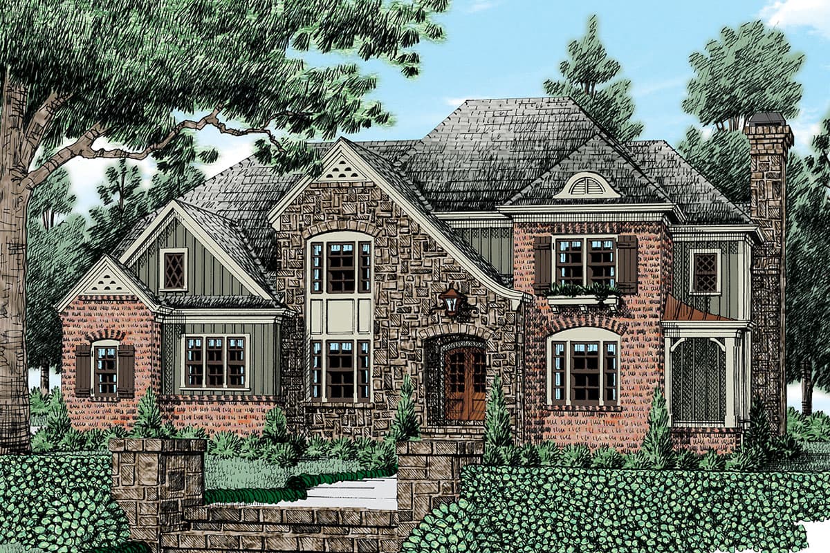 House plan exterior. Two-story with stone and brick facade, multiple gables, arched entry, and a prominent chimney.