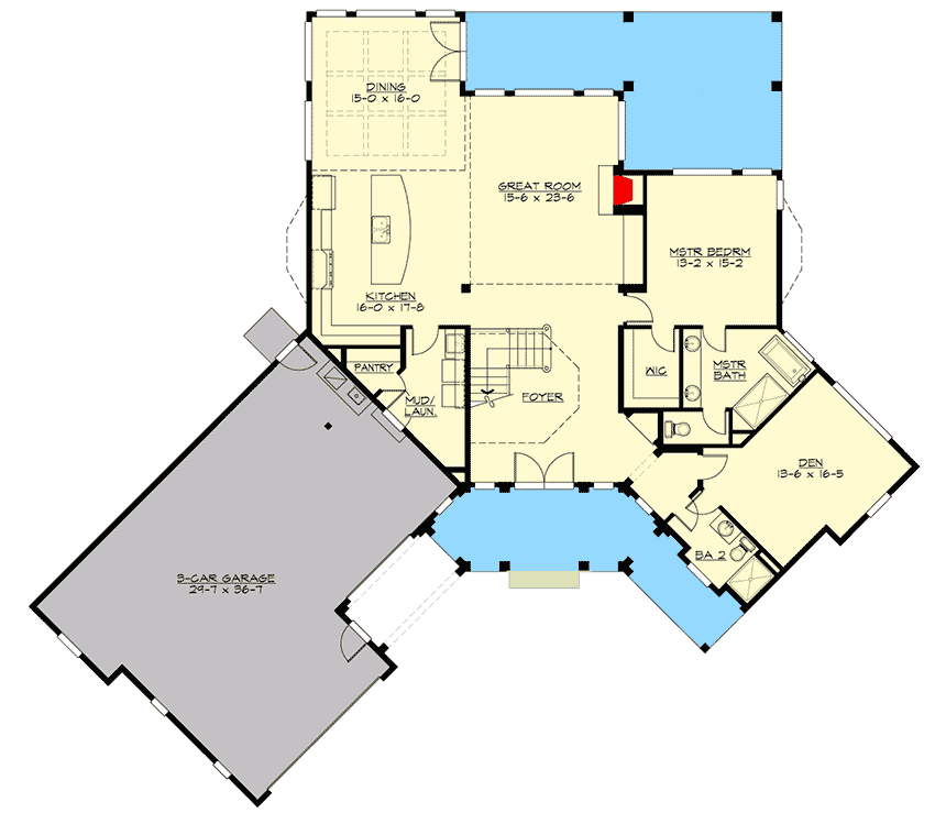 Plan 23852JD: Expanded Craftsman House with 3-Car Angled Garage - Floor Plan - Main Level - Craftsman, Northwest