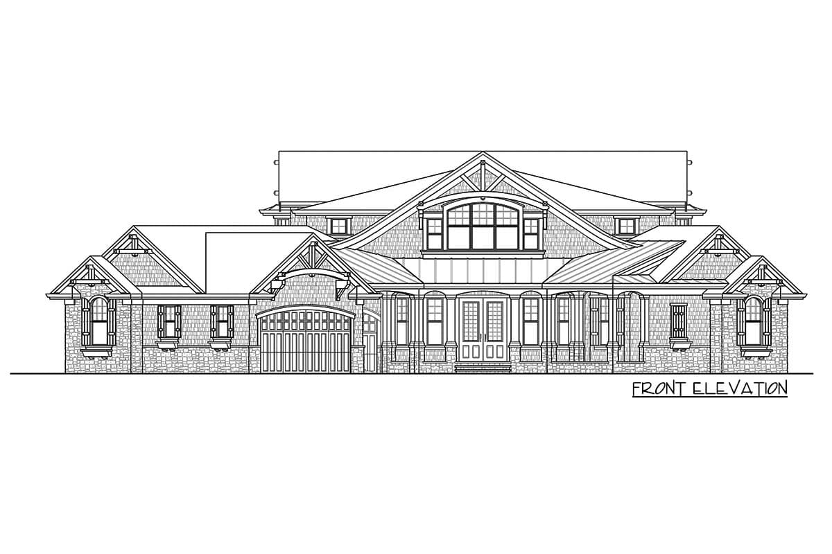 Front elevation house plan with covered porch, gables, dormers, and attached garage. Architectural style appears to be Craftsman.