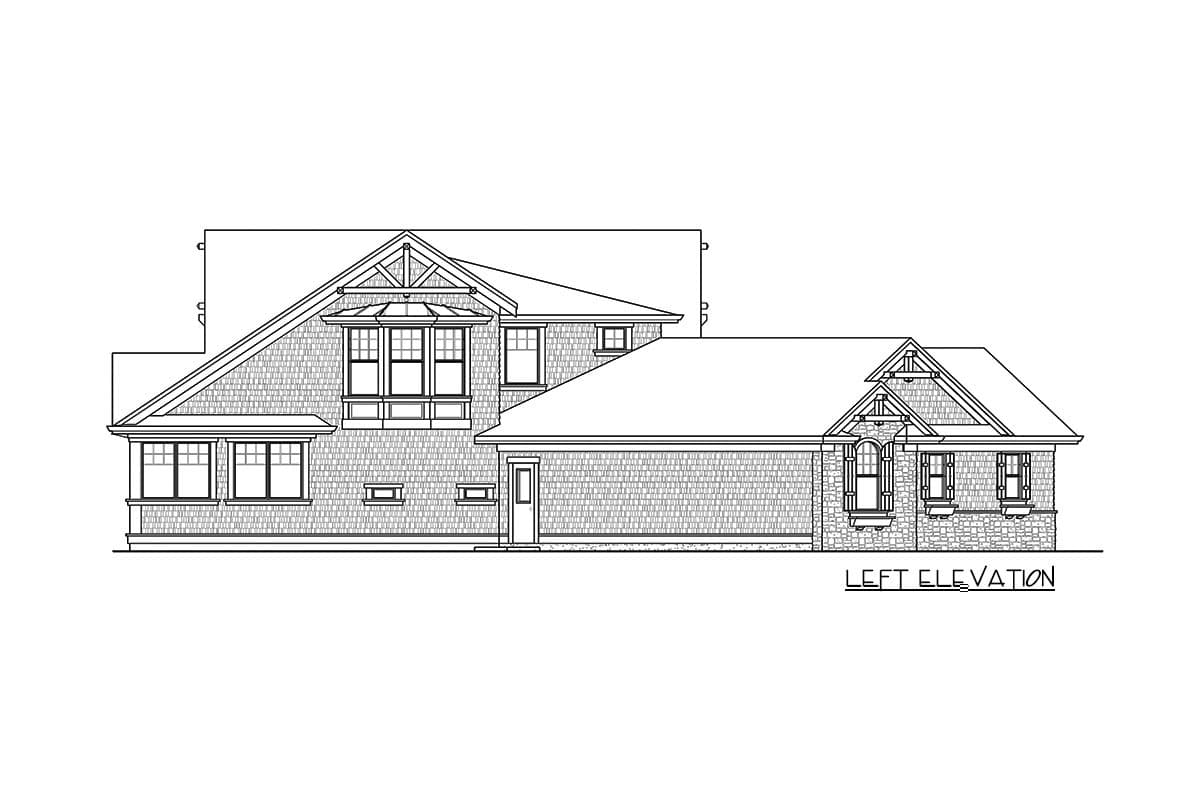 Left elevation of a house plan showing a gabled roof, bay window, dormer, and stone and shingle exterior.